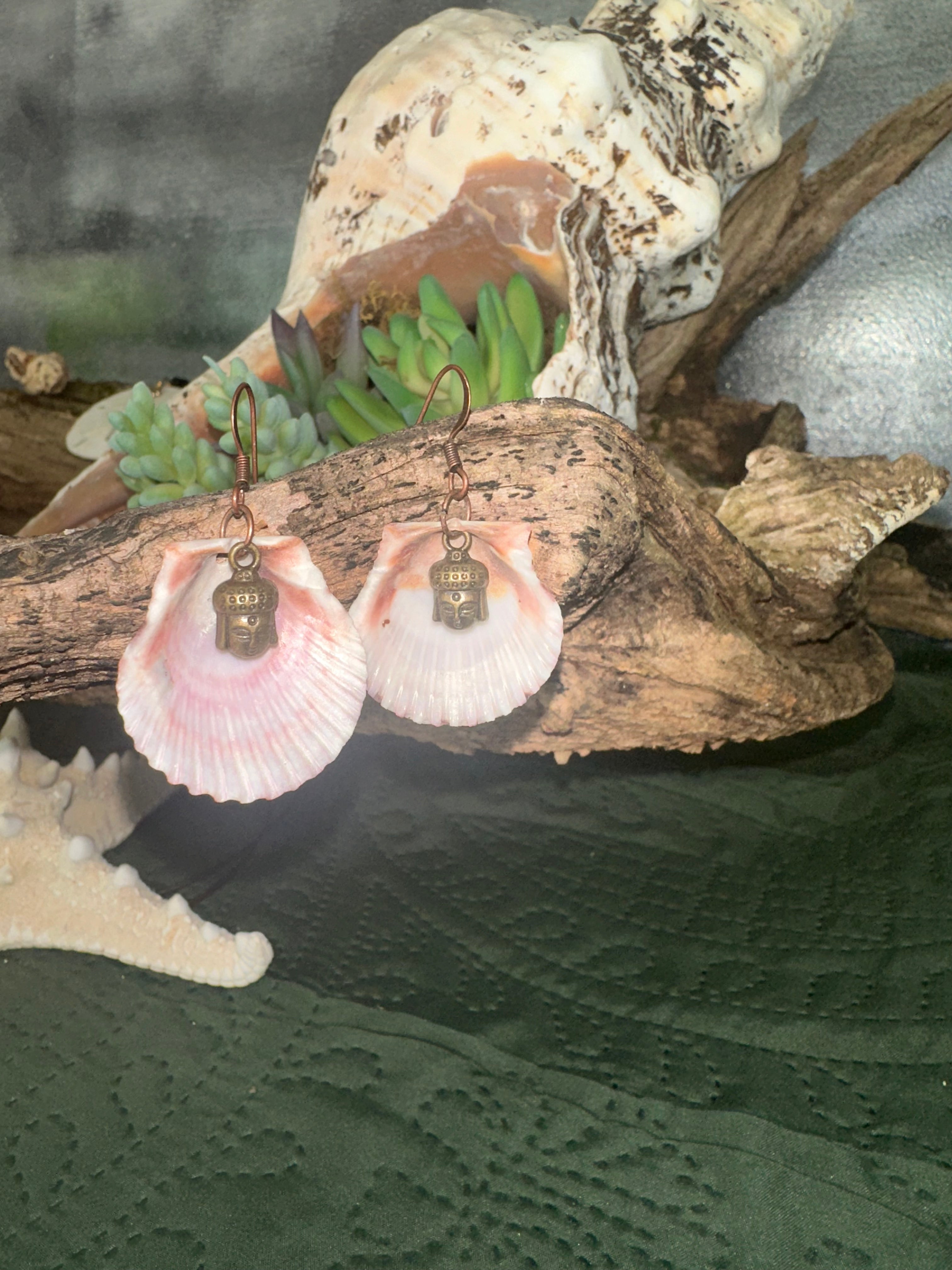 Pink sunrise buddha shell earrings