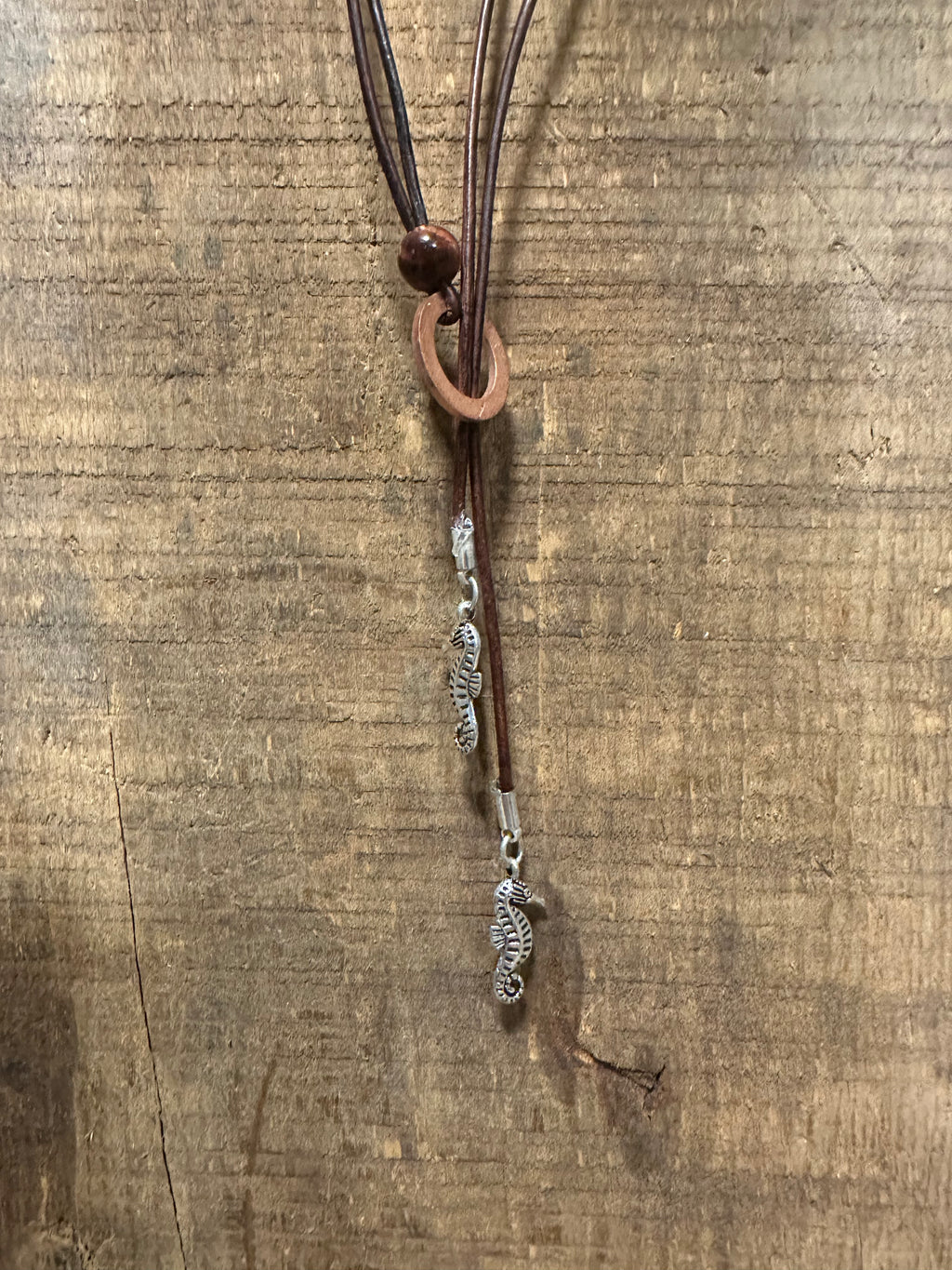 Ocean tide seahorse leather lariat necklace