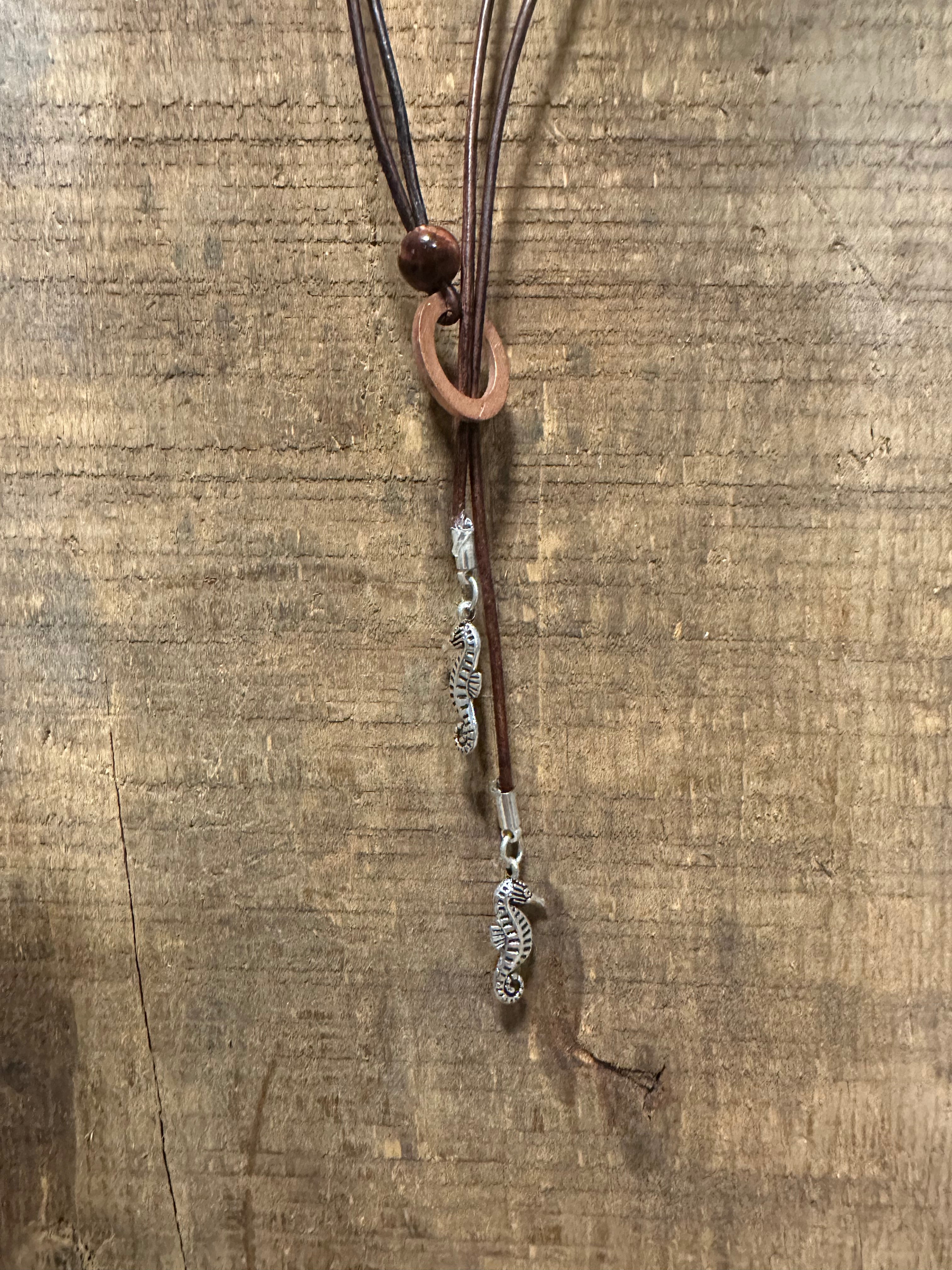 Ocean tide seahorse leather lariat necklace