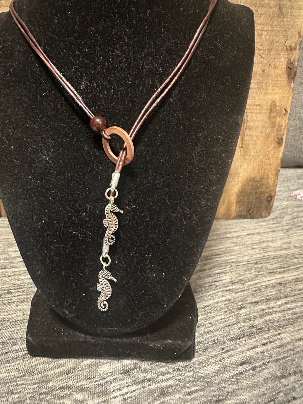 Ocean tide seahorse leather lariat necklace