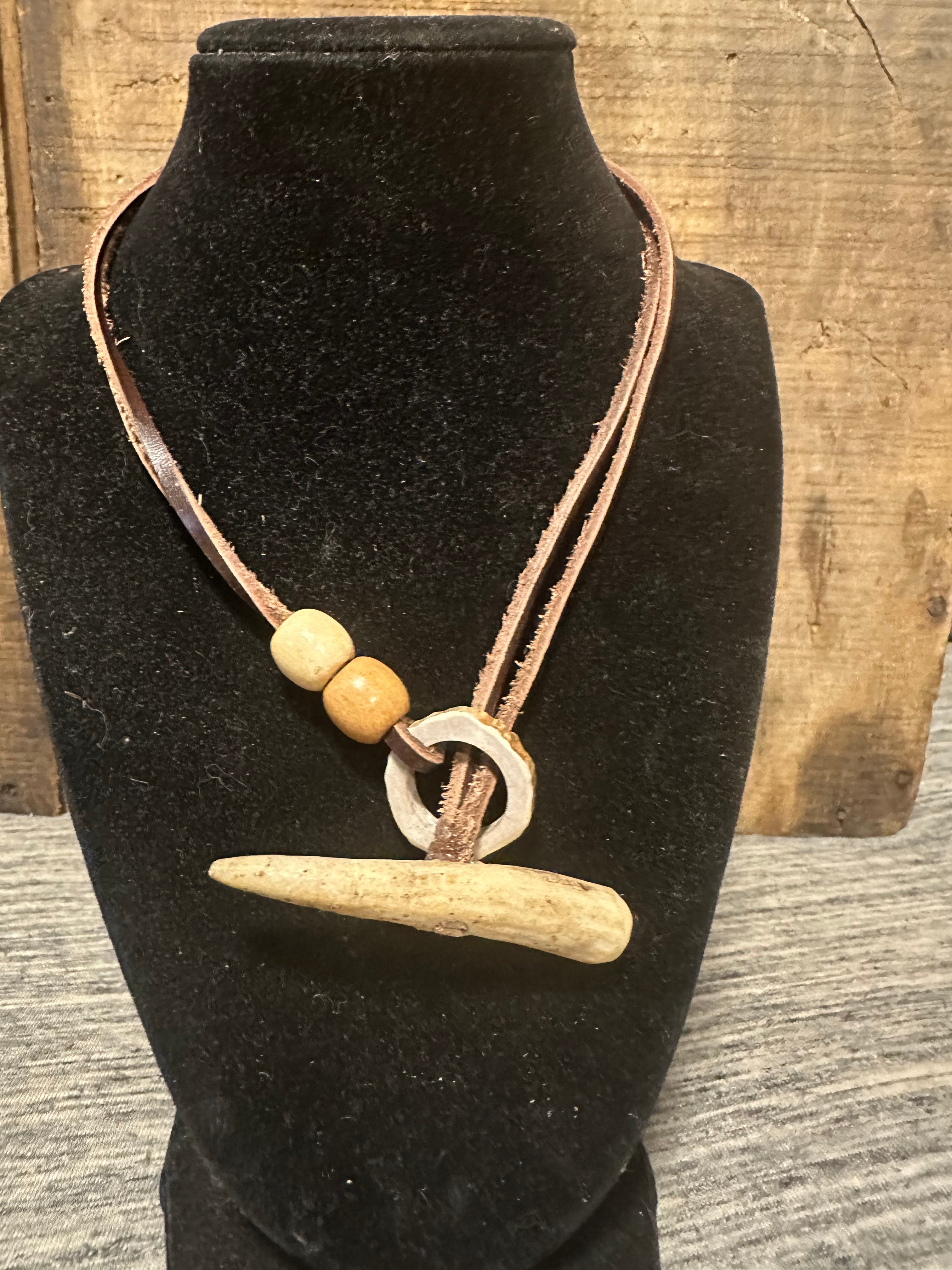 Rustic deer antler & leather pendant necklace